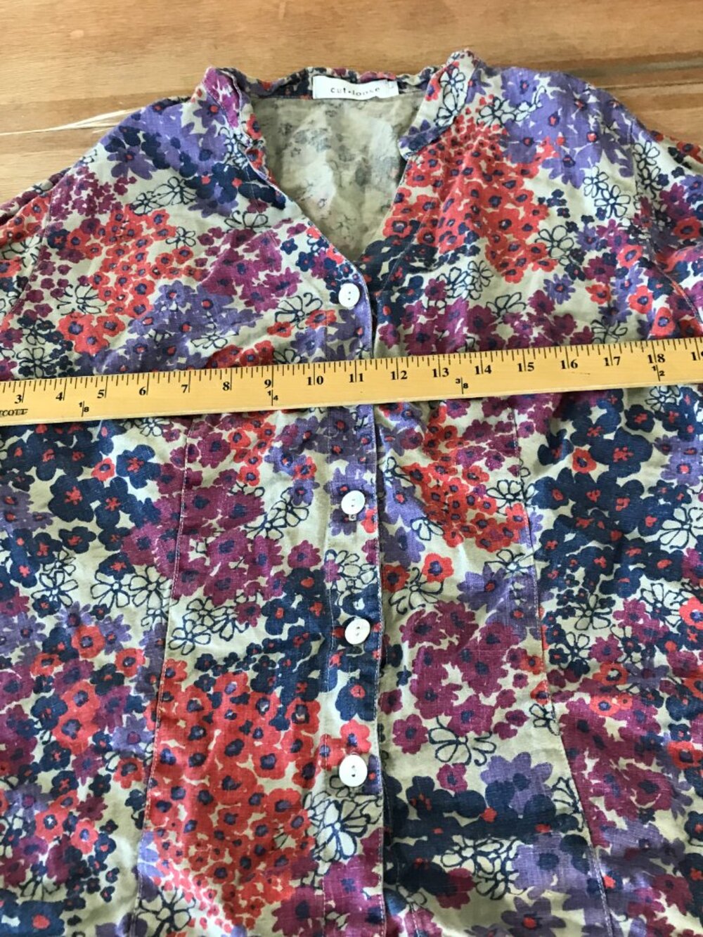 Cut Loose 100% Linen Top Women L Purple Floral Button Up Long Sleeve Collared - Picture 6 of 12